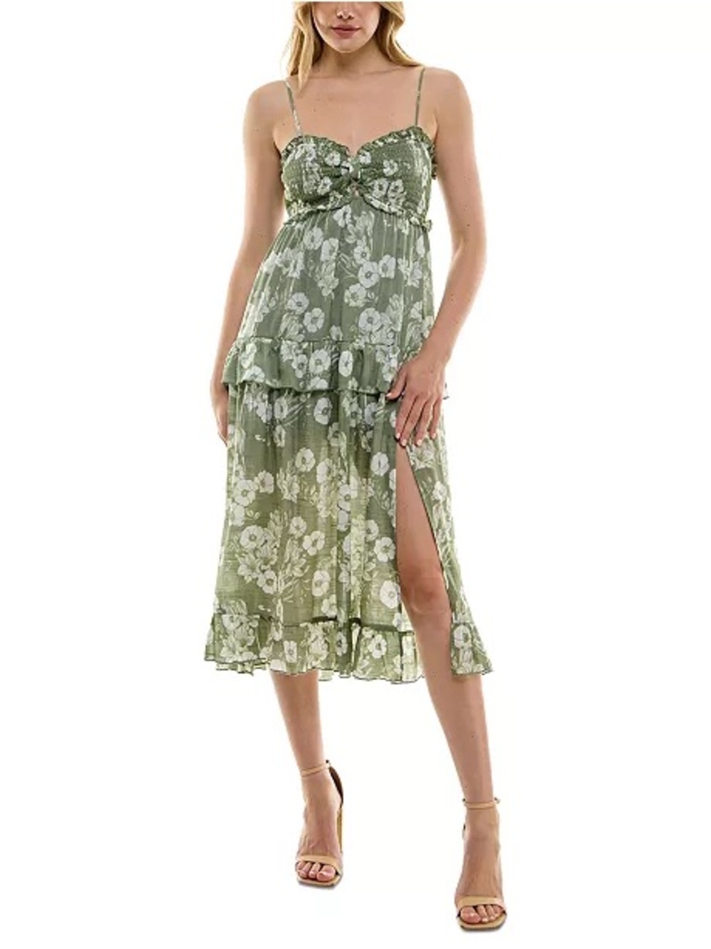 Trixxi Olive Green Floral Midi Dress with Side Slit